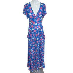 RIXO Evie Silk Maxi Slip Dress, Floral, Flutter Sleeve, 100% Silk, V-Neck, Sz 4